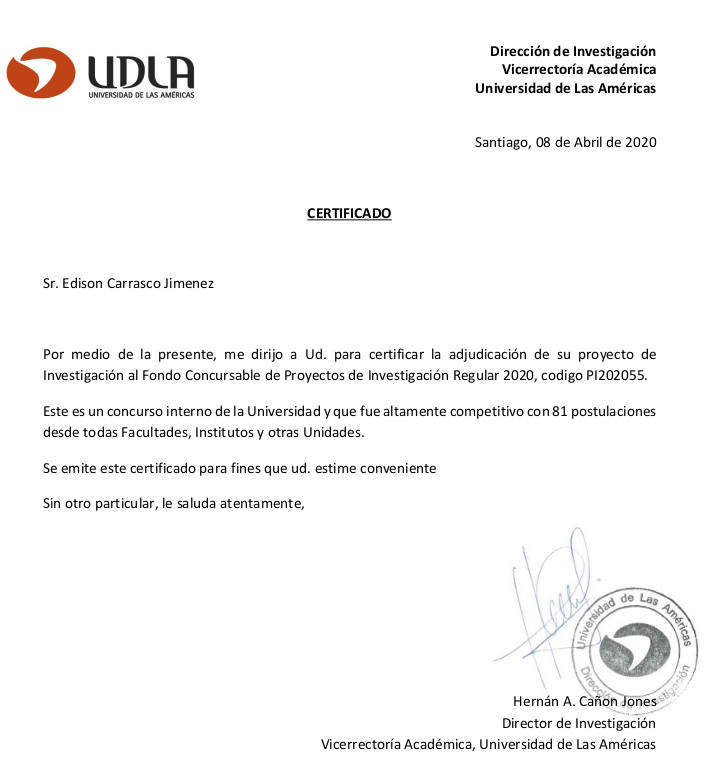 Imagen para el artefacto digital Certificado Proyecto de Investigación UDLA 2020