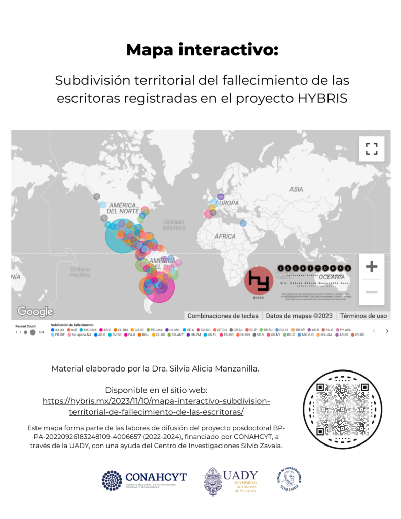 Imagen para el artefacto digital Mapa interactivo: Subdivisión territorial del fallecimiento de las escritoras registradas en el proyecto Hybris